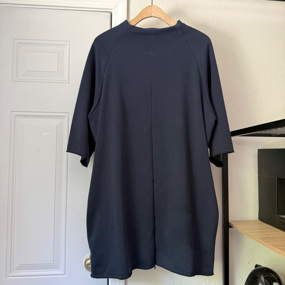 AAKASHA navy blue terry knit mock raw hem short sleeve zipper mini sweater dress